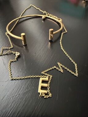 Uncommon James Gold Letter E Pendant Necklace with Matching Gold Open Cuff